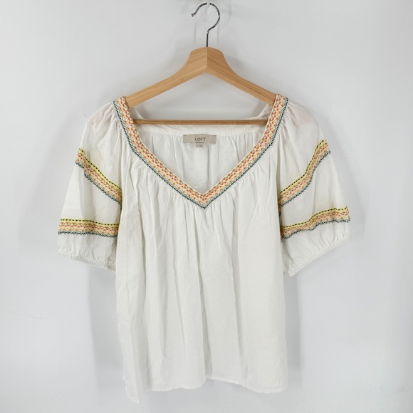 LOFT Tops - Loft Peasant Blouse White Large Embroidered V-Neck Puff Sleeve Cotton Blend